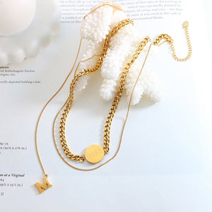 Fashion Temperament Plated Gold 316L Stainless Steel Miss Geometric Round Tassel Chain Double Layer Necklace