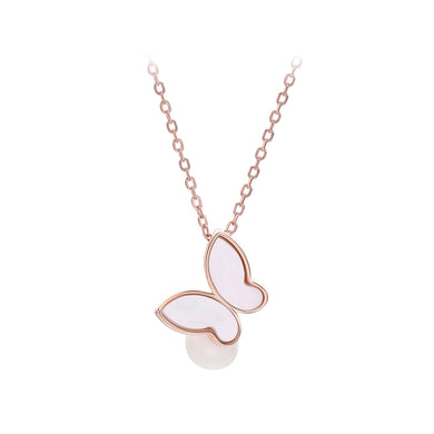 925 Sterling Silver Plated Rose Gold Fashion Temperament Butterfly Imitation Pearl Pendant with Necklace