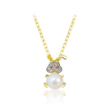Load image into Gallery viewer, 925 Sterling Silver Plated Gold Fashion Cute Rabbit Freshwater Pearl Pendant with Cubic Zirconia and Necklace