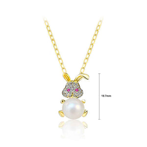 925 Sterling Silver Plated Gold Fashion Cute Rabbit Freshwater Pearl Pendant with Cubic Zirconia and Necklace