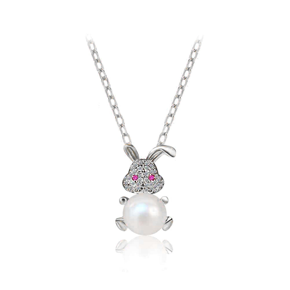 925 Sterling Silver Fashion Cute Rabbit Freshwater Pearl Pendant with Cubic Zirconia and Necklace