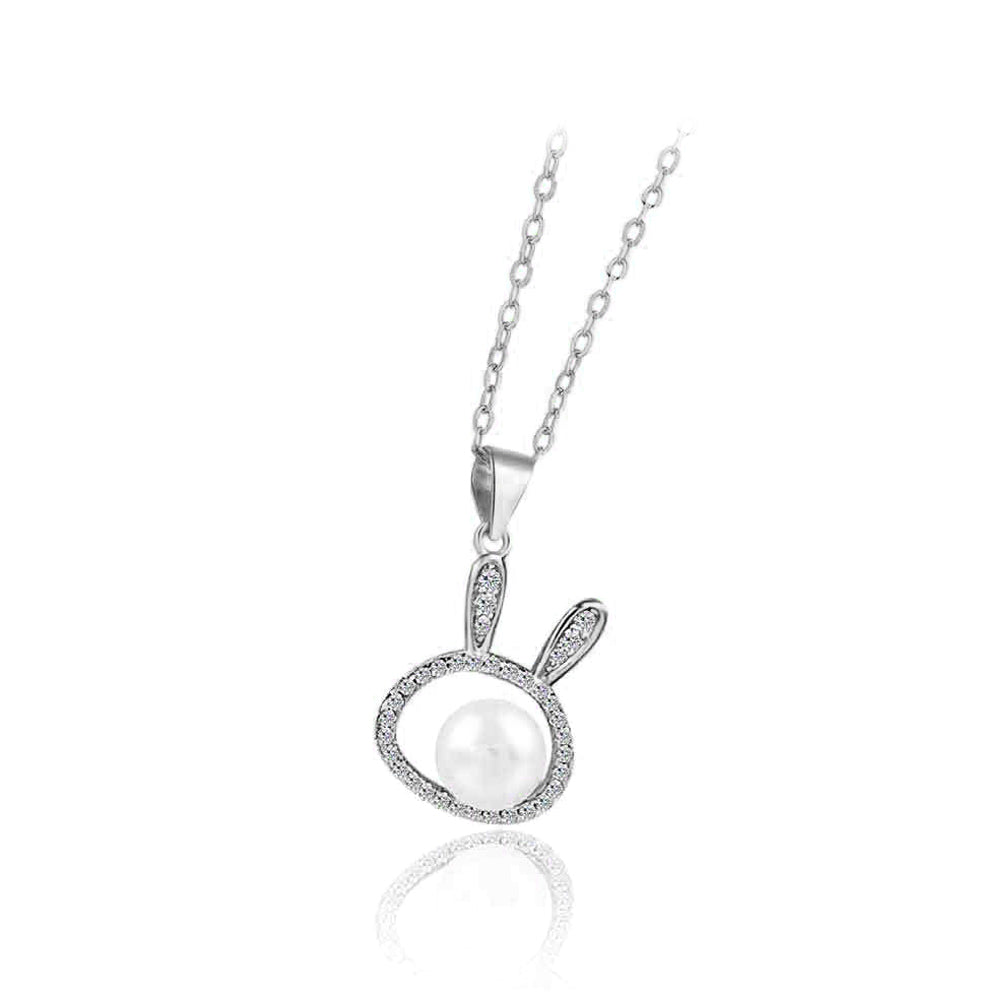 925 Sterling Silver Simple Cute Hollow Rabbit Freshwater Pearl Pendant with Cubic Zirconia and Necklace