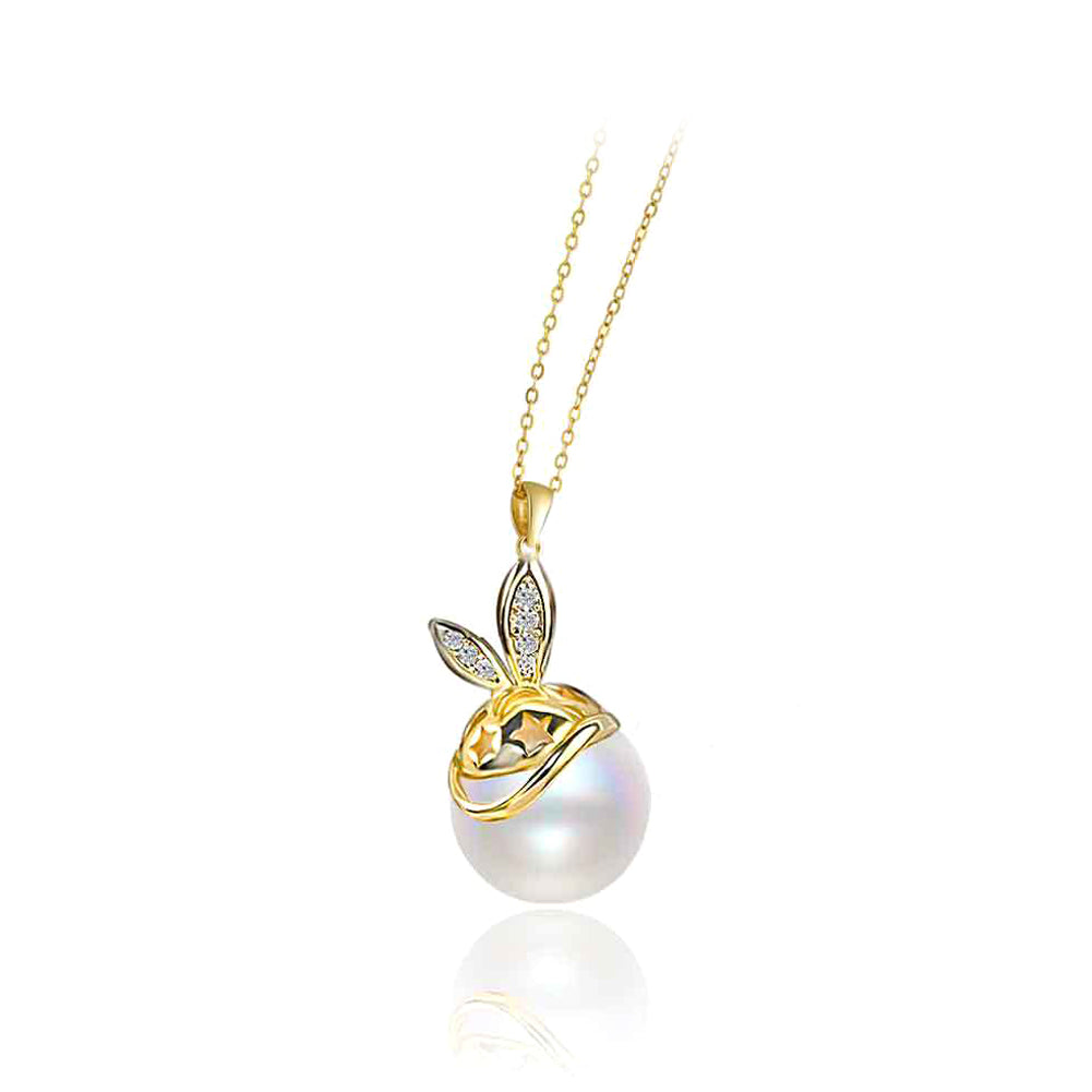 925 Sterling Silver Plated Gold Fashion Simple Rabbit Imitation Pearl Pendant with Cubic Zirconia and Necklace