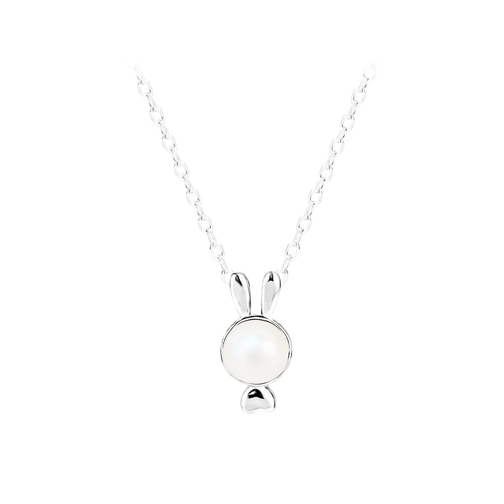 925 Sterling Silver Simple Cute Rabbit Pendant with Freshwater Pearl and Necklace