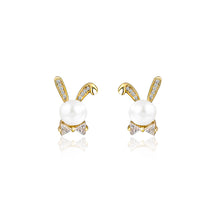 Load image into Gallery viewer, 925 Sterling Silver Plated Gold Simple Cute Rabbit Freshwater Pearl Stud Earrings with Cubic Zirconia