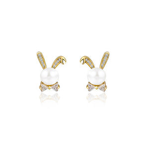 925 Sterling Silver Plated Gold Simple Cute Rabbit Freshwater Pearl Stud Earrings with Cubic Zirconia