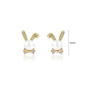 925 Sterling Silver Plated Gold Simple Cute Rabbit Freshwater Pearl Stud Earrings with Cubic Zirconia