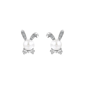 925 Sterling Silver Simple Cute Rabbit Freshwater Pearl Stud Earrings with Cubic Zirconia