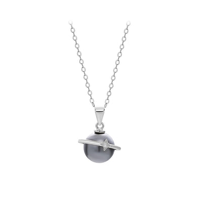 925 Sterling Silver Fashion Simple Planet Black Imitation Pearl Pendant with Cubic Zirconia and Necklace