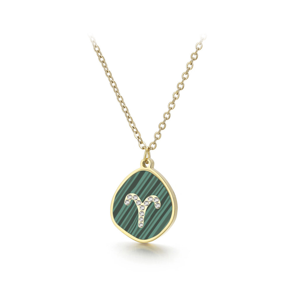 Fashion Temperament Plated Gold 316L Stainless Steel Twelve Constellation Aries Geometric Pendant with Cubic Zirconia and Necklace