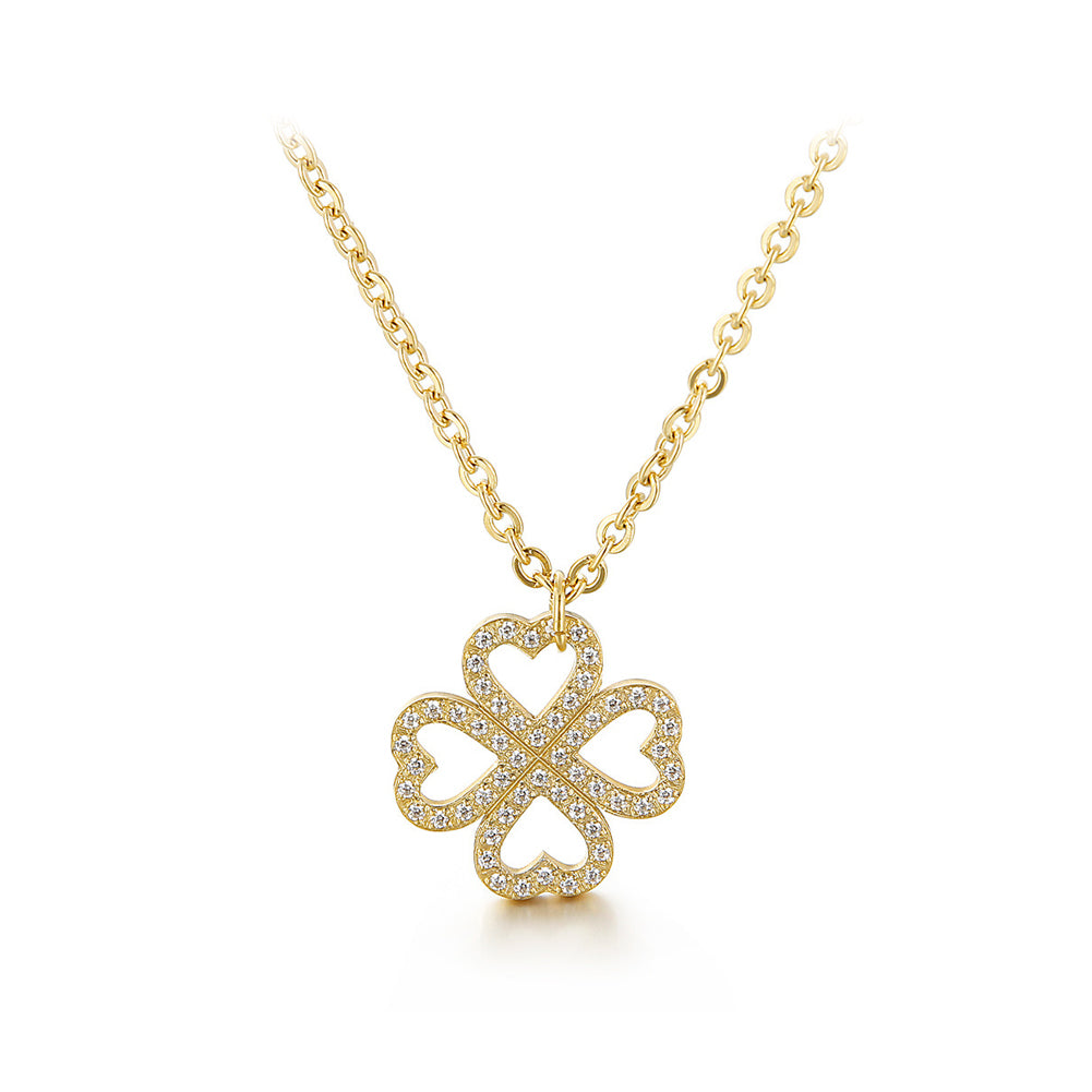 Fashion Simple Plated Gold 316L Stainless Steel Hollow Four-leafed Clover Pendant with Cubic Zirconia and Necklace