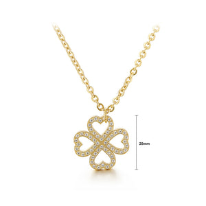 Fashion Simple Plated Gold 316L Stainless Steel Hollow Four-leafed Clover Pendant with Cubic Zirconia and Necklace