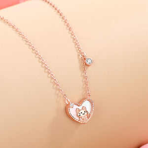 925 Sterling Silver Plated Rose Gold Simple Cute Cat Heart Shaped Mother-of-pearl Pendant with Cubic Zirconia and Necklace