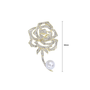 Fashion Temperament Plated Gold Hollow Rose Imitation Pearl Brooch with Cubic Zirconia
