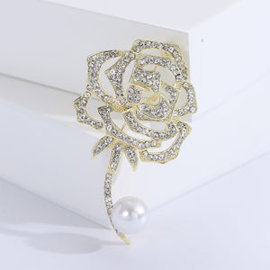 Fashion Temperament Plated Gold Hollow Rose Imitation Pearl Brooch with Cubic Zirconia