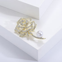 Load image into Gallery viewer, Fashion Temperament Plated Gold Hollow Rose Imitation Pearl Brooch with Cubic Zirconia