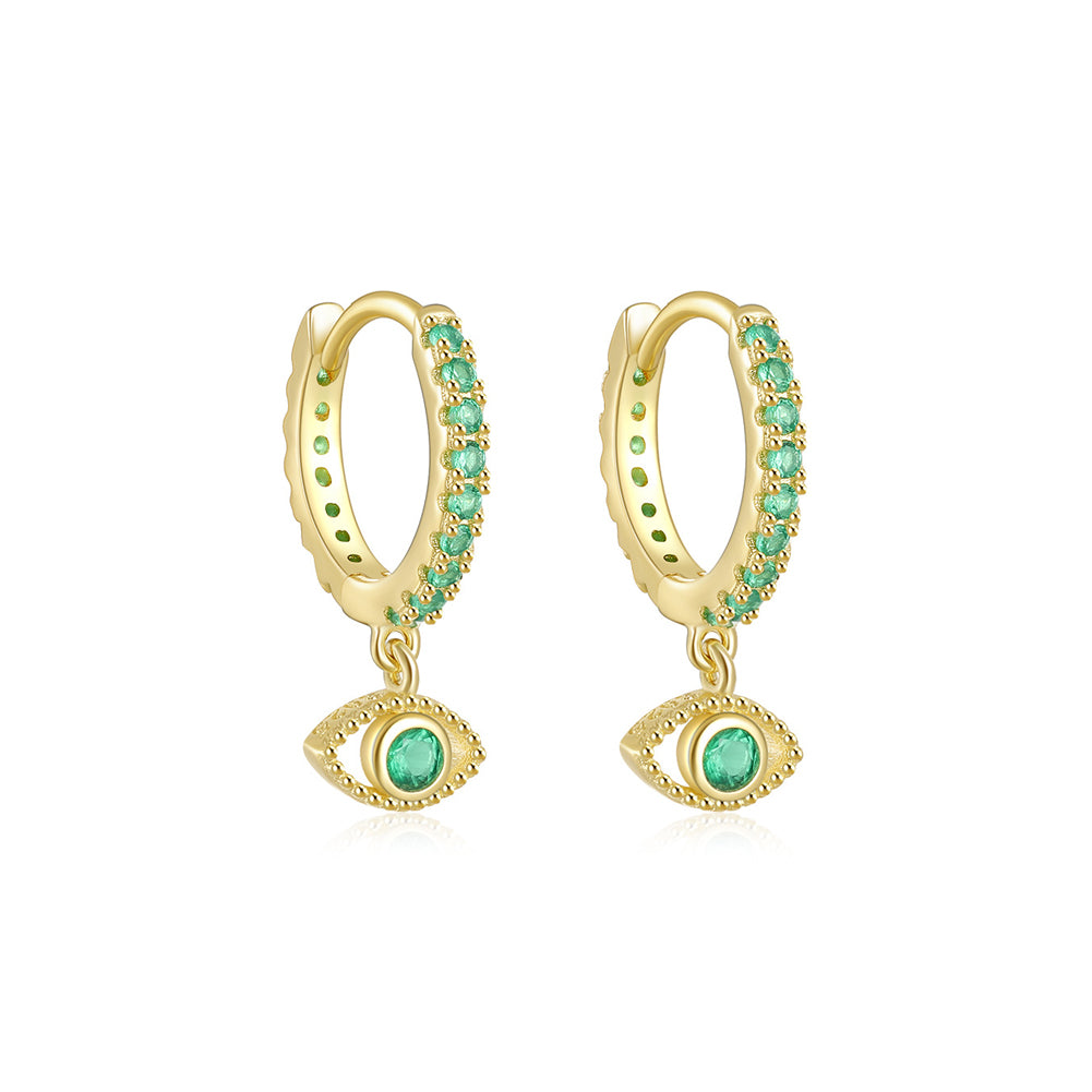 925 sterling silver plated gold simple personality devil's eye geometric earrings with green cubic zirconia