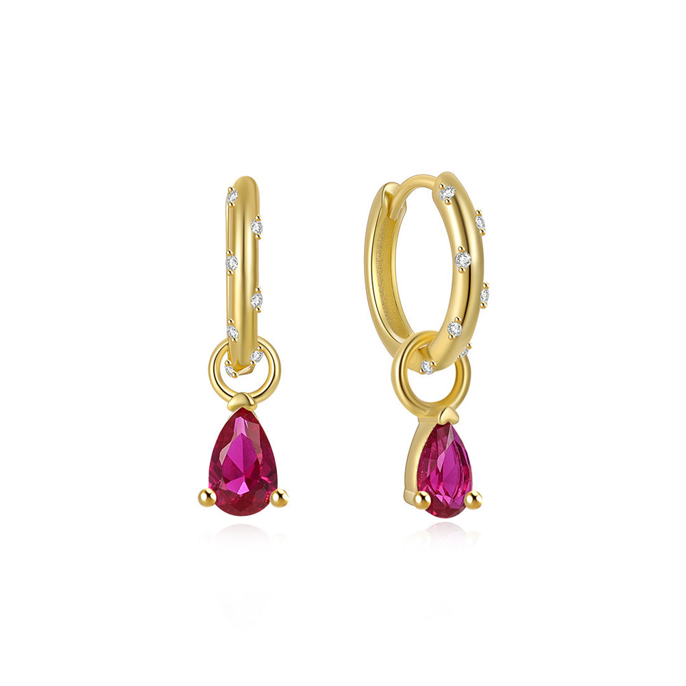 925 Sterling Silver Plated Gold Simple Fashion Water Drop-shaped Geometric Earrings with Rose Red Cubic Zirconia
