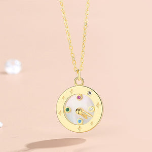 925 Sterling Silver Plated Gold Fashion Simple Clock Mother-of-Pearl Pendant with Cubic Zirconia and Necklace