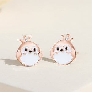 925 Sterling Silver Plated Rose Gold Simple Cute Crown Penguin Stud Earrings with Cubic Zirconia