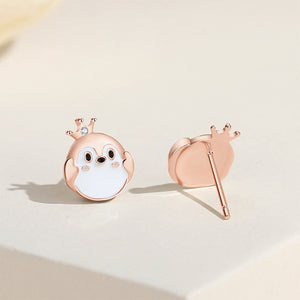 925 Sterling Silver Plated Rose Gold Simple Cute Crown Penguin Stud Earrings with Cubic Zirconia