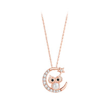 Load image into Gallery viewer, 925 Sterling Silver Plated Rose Gold Fashion Temperament Moon Owl Imitation Pearl Pendant with Cubic Zirconia and Necklace