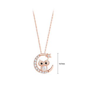 925 Sterling Silver Plated Rose Gold Fashion Temperament Moon Owl Imitation Pearl Pendant with Cubic Zirconia and Necklace