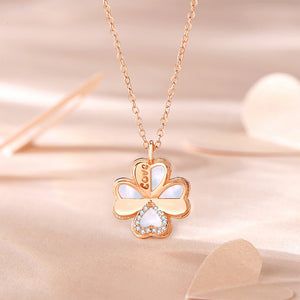 925 Sterling Silver Plated Rose Gold Fashion Simple Four-leafed Clover Mother-of-pearl Pendant with Cubic Zirconia and Necklace