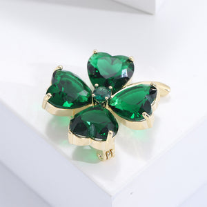 Fashion Simple Plated Gold Four-Leafed Clover Brooch with Green Cubic Zirconia