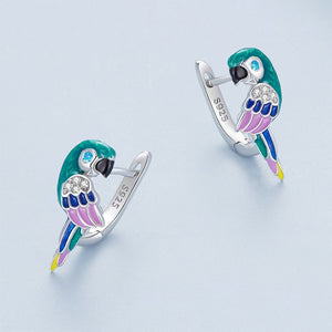 925 Sterling Silver Fashion Cute Enamel Colorful Parrot Stud Earrings with Cubic Zirconia