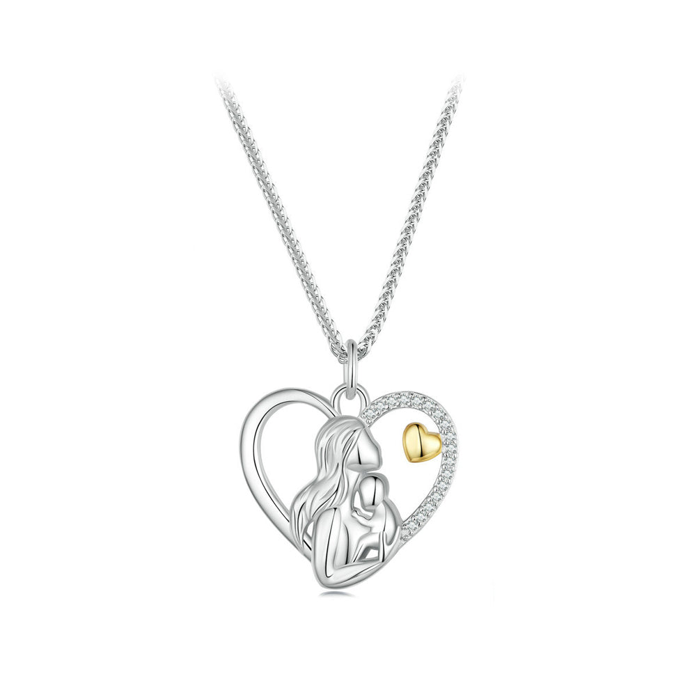 925 Sterling Silver Fashion Creative Mother and Child Hollow Heart Pendant with Cubic Zirconia and Necklace