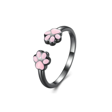 925 Sterling Silver Plated Black Cute Sweet Pink Cat Claw Geometric Adjustable Open Ring