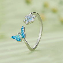 Load image into Gallery viewer, 925 Sterling Silver Fashion Simple Enamel Blue Butterfly Flower Adjustable Open Ring with Cubic Zirconia