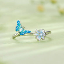 Load image into Gallery viewer, 925 Sterling Silver Fashion Simple Enamel Blue Butterfly Flower Adjustable Open Ring with Cubic Zirconia