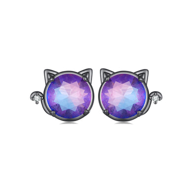 925 Sterling Silver Plated Black Simple Cute Cat Ears with Purple Cubic Zirconia