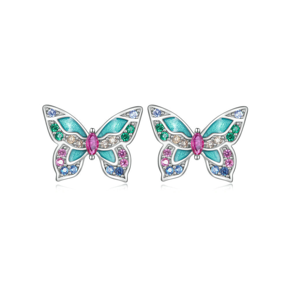 925 Sterling Silver Fashion Elegant Enamel Butterfly Stud Earrings with Cubic Zirconia