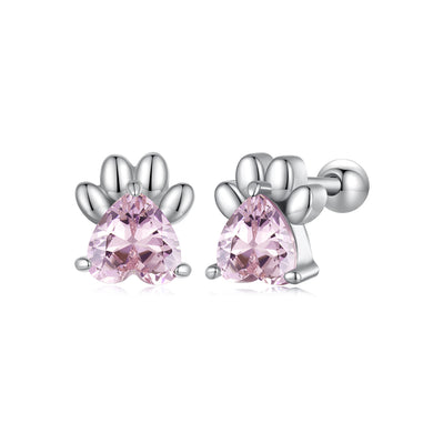 925 Sterling Silver Simple and Cute Pink Dog Paw Stud Earrings with Cubic Zirconia