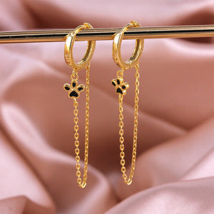 925 Sterling Silver Plated Gold Simple Fashion Dog Paw Tassel Earrings