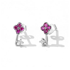 925 Sterling Silver Simple Small Key Stud Earrings with Purple Cubic Zirconia