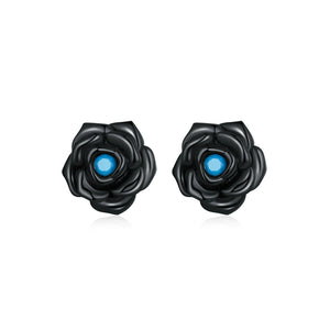 925 Sterling Silver Plated Black Fashion Romantic Rose Stud Earrings with Blue Cubic Zirconia