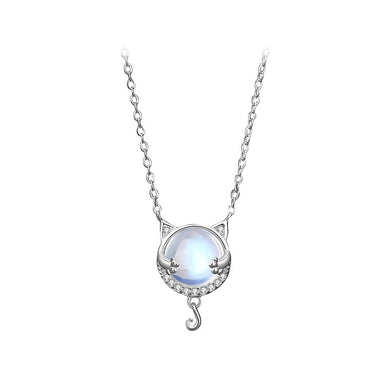 925 Sterling Silver Simple and Cute Cat Moonstone Pendant with Cubic Zirconia and Necklace