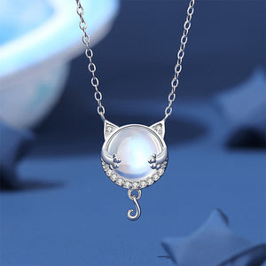 925 Sterling Silver Simple and Cute Cat Moonstone Pendant with Cubic Zirconia and Necklace