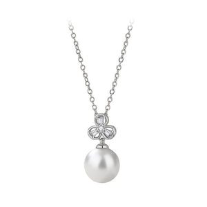 925 Sterling Silver Fashion Elegant Three-leafed Clover Imitation Pearl Pendant with Cubic Zirconia and Necklace