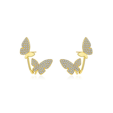925 Sterling Silver Plated Gold Simple Temperament Double Butterfly Stud Earrings with Cubic Zirconia