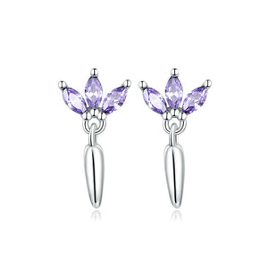 925 Sterling Silver Simple Fashion Leaf Tassel Stud Earrings with Purple Cubic Zirconia