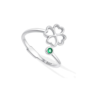 925 Sterling Silver Simple Temperament Hollow Four-leafed Clover Adjustable Open Ring with Cubic Zirconia