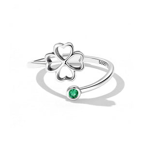 925 Sterling Silver Simple Temperament Hollow Four-leafed Clover Adjustable Open Ring with Cubic Zirconia
