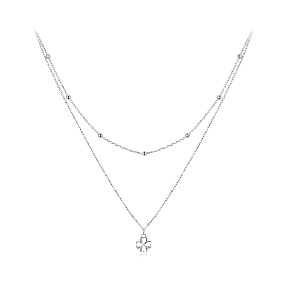 925 Sterling Silver Simple Fashion Four-leafed Clover Pendant with Double Layer Necklace