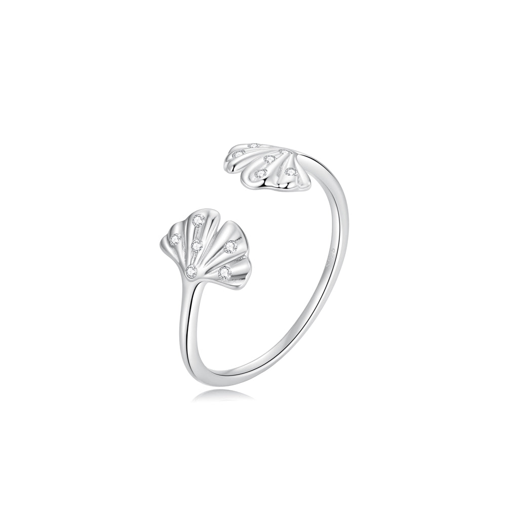 925 Sterling Silver Simple Fashion Ginkgo Leaf Adjustable Open Ring with Cubic Zirconia