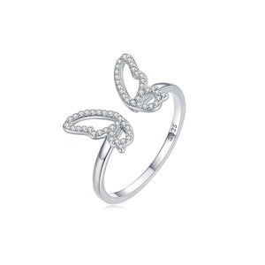 925 Sterling Silver Simple Elegant Hollow Butterfly Adjustable Open Ring with Cubic Zirconia